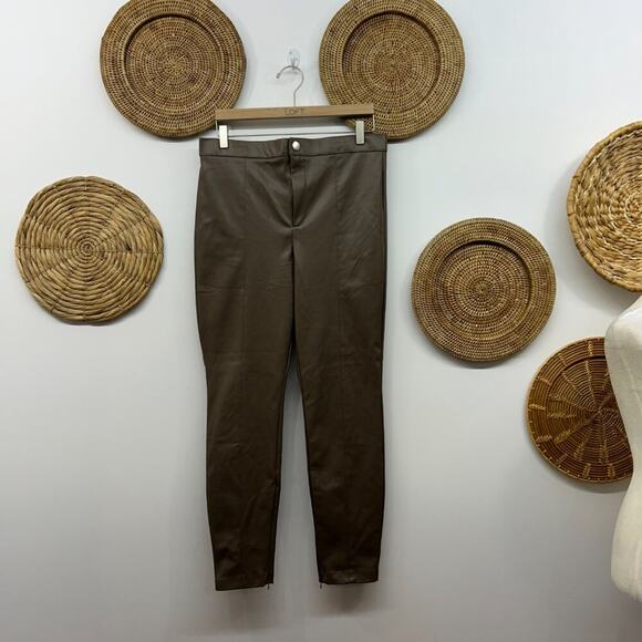 Zara Neutral Brown High Waist Minimalist High Rise Faux Leather Leggings Pant XL - Picture 2 of 8